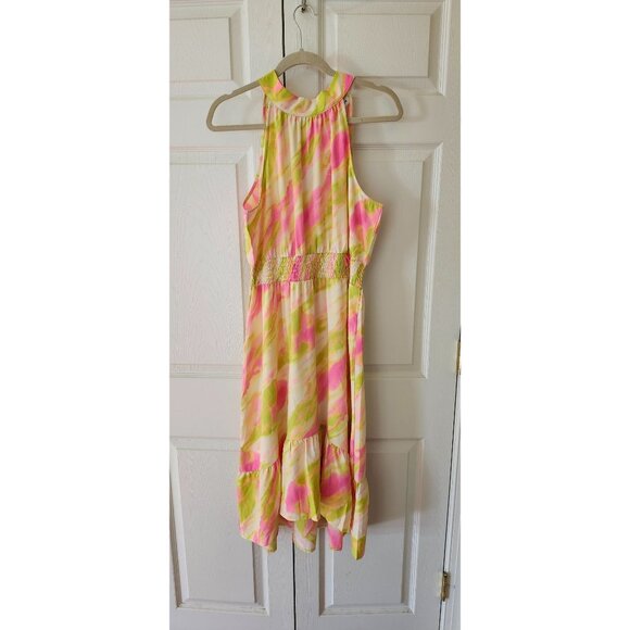 New Women Solution Pink Lime Halter Hi-Low Smocked Waist Sleeveless Dress Size L - Picture 1 of 4